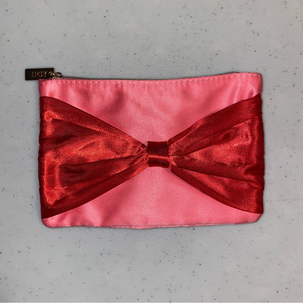 Ipsy Cosmetics Bag Holiday Pink with Red Bow